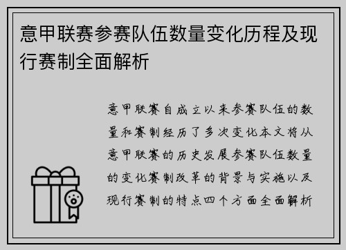 意甲联赛参赛队伍数量变化历程及现行赛制全面解析